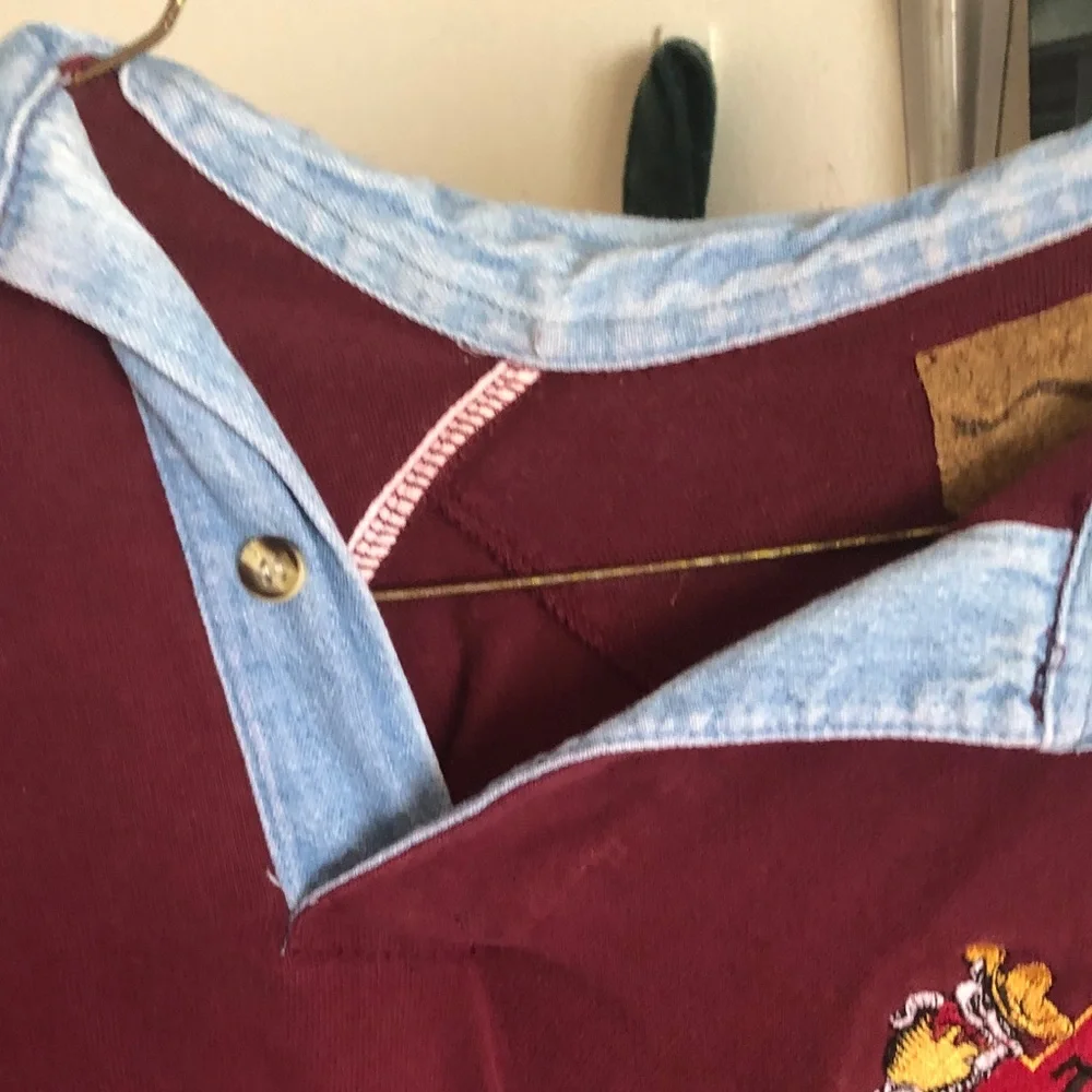 Denim-Trim Burgundy Polo with Embroidered Crest